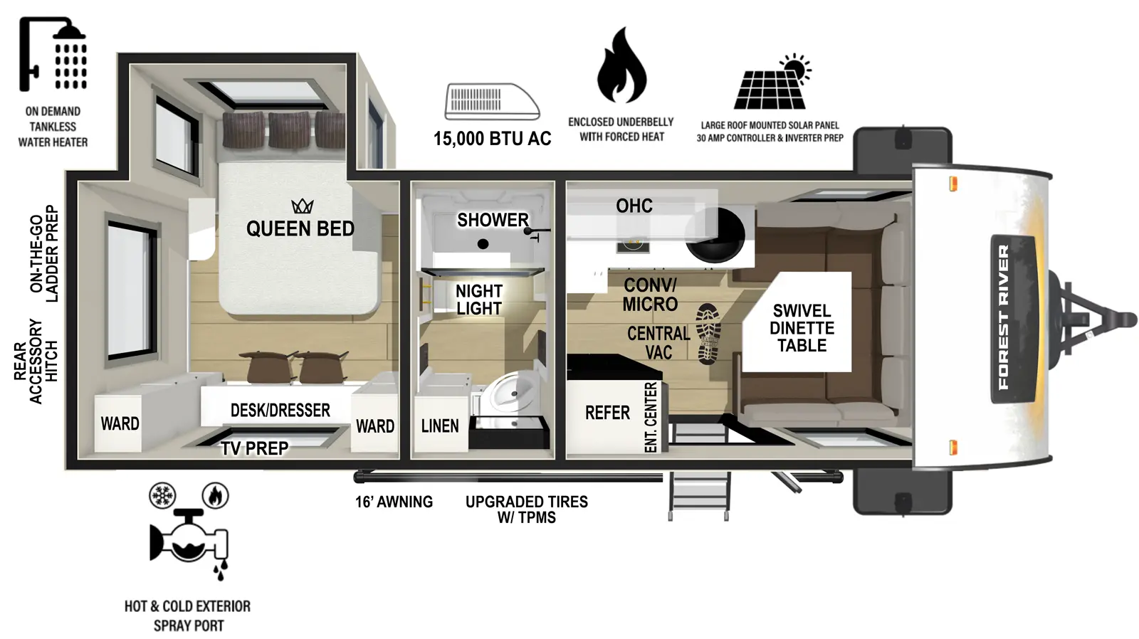 The RP-204 has one slideout and one entry. Exterior features 16 foot awning, upgraded tires with TPMS, hot and cold spray port, on-the-go ladder prep, rear accessory hitch, on demand tankless water heater, 15,000 BTU air conditioner, enclosed underbelly with forced heat, and large roof mounted solar panel 30 amp controller & inverter prep. Interior layout front to back: swivel dinette table and central vacuum; off-door side kitchen counter with sink, cooktop, convection microwave, and overhead cabinet; door side entry, entertainment center, and refrigerator; full pass-through bathroom with linen closet and night light; off-door side queen bed slideout, and door side desk/dresser with wardrobes on each side, and TV prep above.